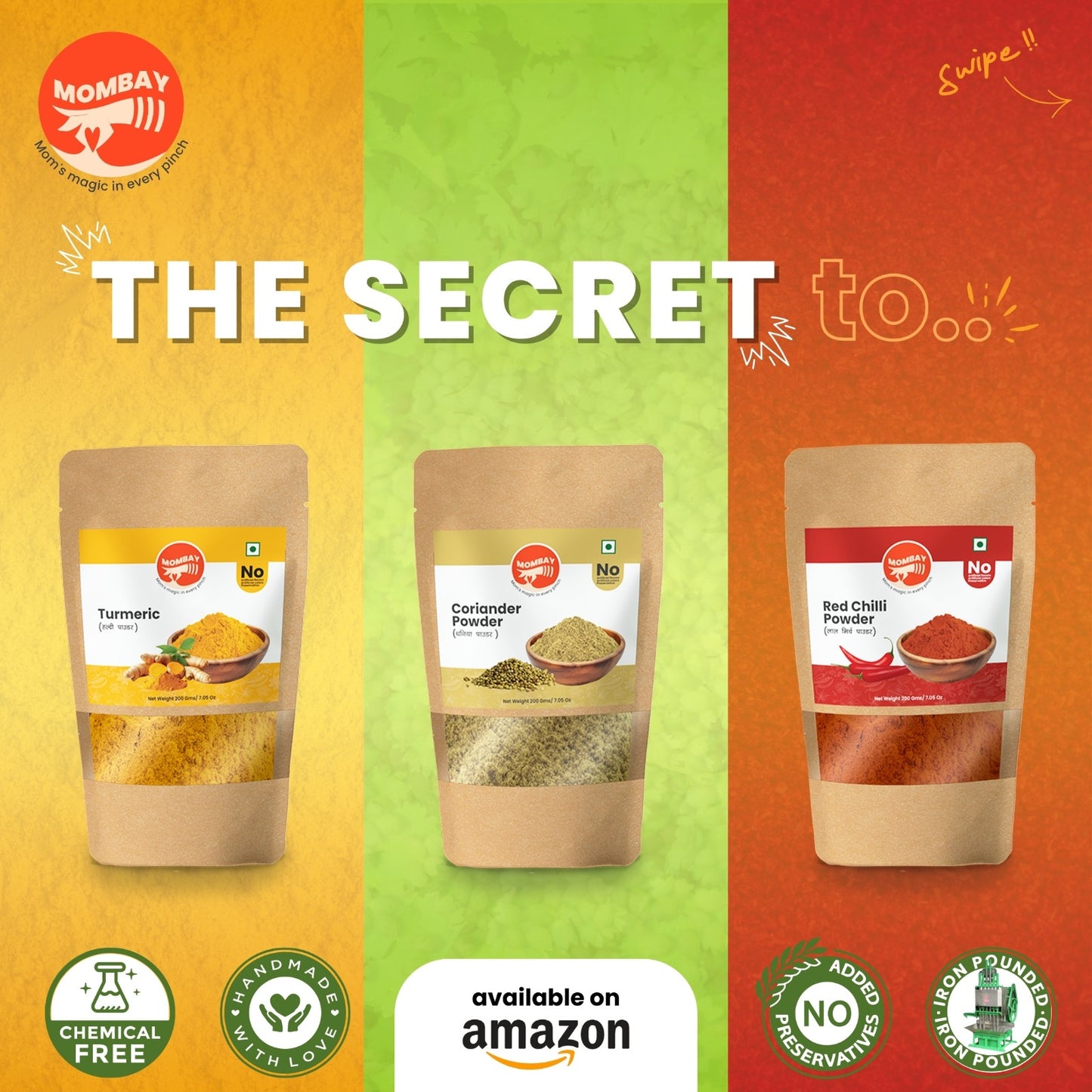 Mombay Combo Pack of Coriander (Dhane/Dhania), Red Chili (Lal Mirchi), Turmeric (Haldi) Powder | 100 gm each