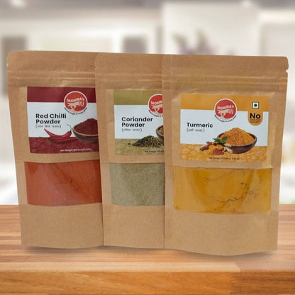 Mombay Combo Pack of Coriander (Dhane/Dhania), Red Chili (Lal Mirchi), Turmeric (Haldi) Powder | 100 gm each